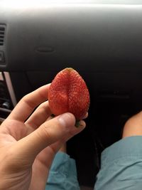 Close-up of hand holding strawberries