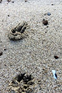 High angle view of footprints on beach