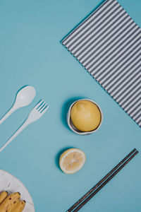 High angle view of breakfast on table