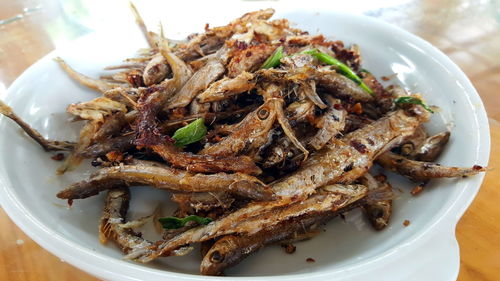 Close-up of fried fish in plate on table