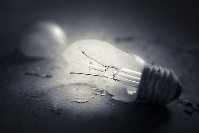 Close-up of illuminated light bulb on table