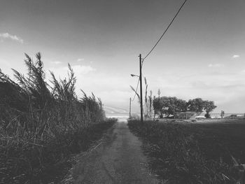 Empty road along trees on field against sky