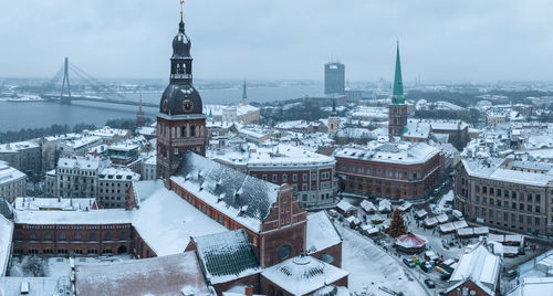 Aerial view of the christmas market in the riga old town