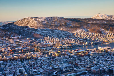 High angle view of townscape against sky during winter