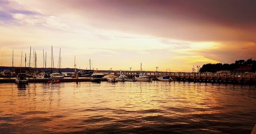 Sailboats moored in harbor at sunset