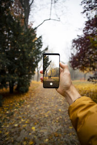 Man photographing smart phone while standing by tree