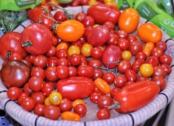 High angle view of tomatoes for sale in market