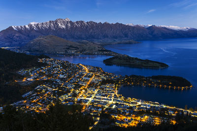High angle view of lake in queenstown at dusk