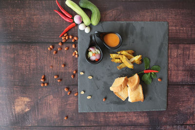High angle view of chopped vegetables on table