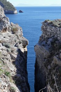 Scenic view of rocks in sea against sky