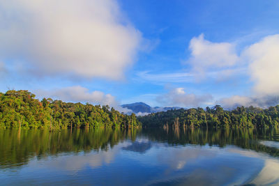 Scenic view of lake by trees against sky