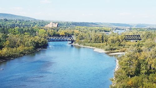 Scenic view of river by trees against sky