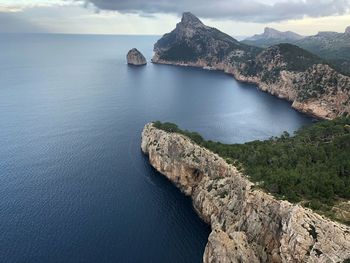 High angle view of rocks by sea against sky