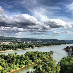 High angle view of river amidst landscape against sky