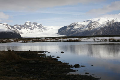 Scenic view of lake and snowcapped mountains against sky