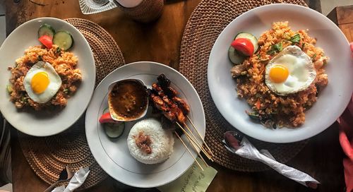 High angle view of breakfast served on table