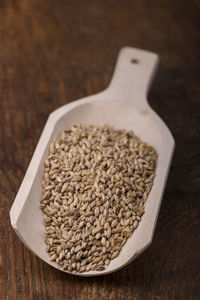 High angle view of roasted coffee beans in bowl on table