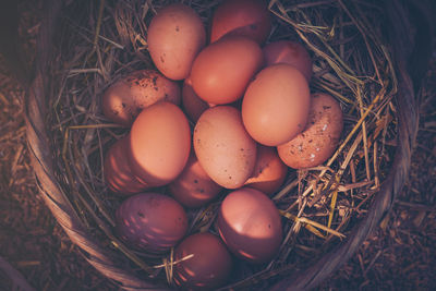 High above shot of brown eggs with straw in basket