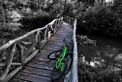 High angle view of footbridge amidst trees in forest