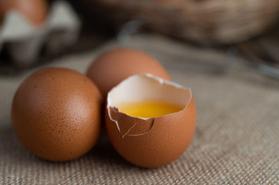 Close-up of eggs on burlap