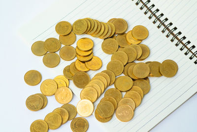 High angle view of coins on floor