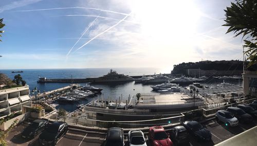 High angle view of harbor against sky