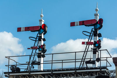 Low angle view of train signals against blue sky