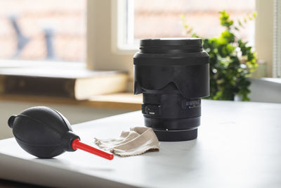 Close-up of equipment on table