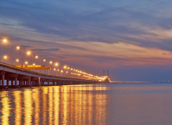 Illuminated bridge over lake against cloudy sky during sunset