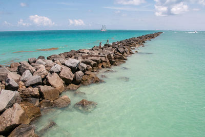 Scenic view of sea and rocks against sky