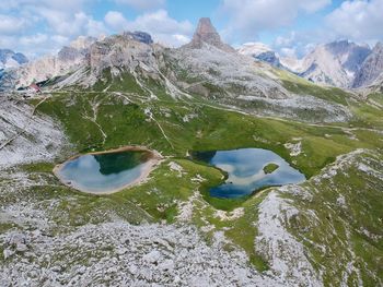 Scenic view of lake by snowcapped mountains against sky