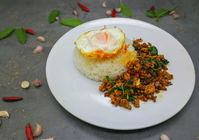 High angle view of breakfast served on table