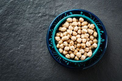 High angle view of rice in bowl on table