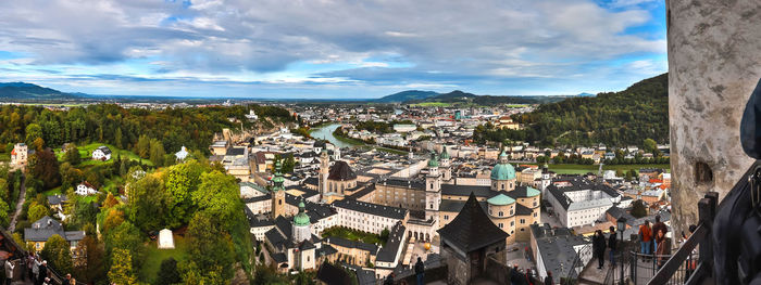 High angle shot of townscape against sky