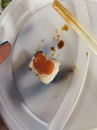High angle view of dessert in plate on table