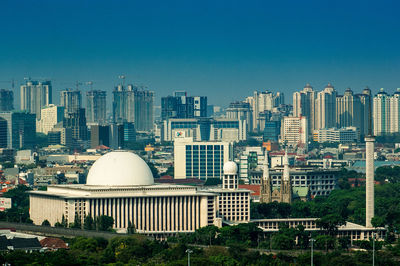 Modern buildings against clear blue sky