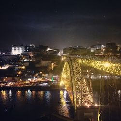 Illuminated bridge over river by buildings in city at night