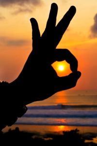 Silhouette hand against sea during sunset