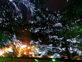 Low angle view of illuminated trees against sky at night