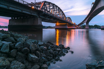 Bridge over river at sunset