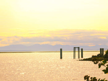 Wooden posts on sea against sky during sunset