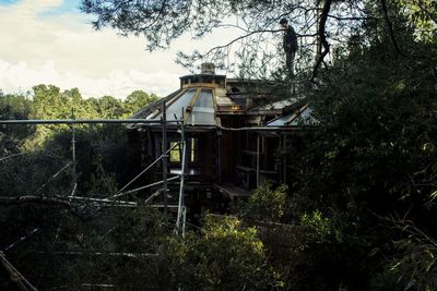 Low angle view of abandoned structure against trees in forest