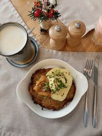High angle view of breakfast served on table