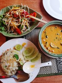 High angle view of food in plate on table