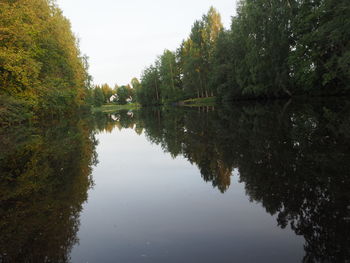 Reflection of trees in lake against sky