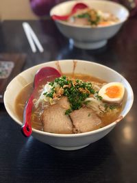 High angle view of soup in bowl on table