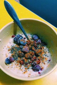 High angle view of dessert in bowl on table