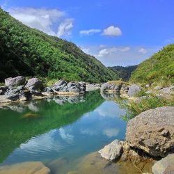 Scenic view of lake and mountains