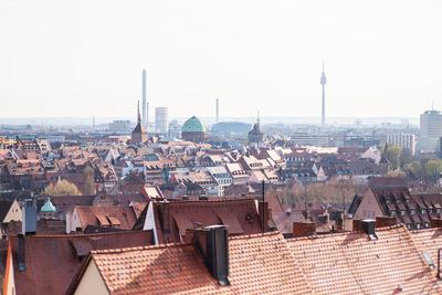 High angle view of city against clear sky