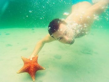 Portrait of man holding orange starfish in sea